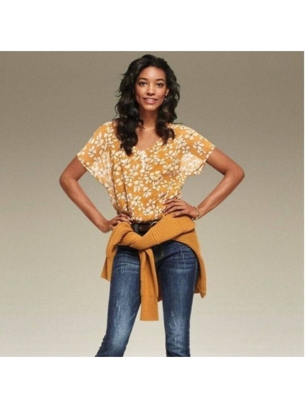 CABI Thrive Top Butterscotch Yellow w/ White Floral Print Double Layer US Sz L